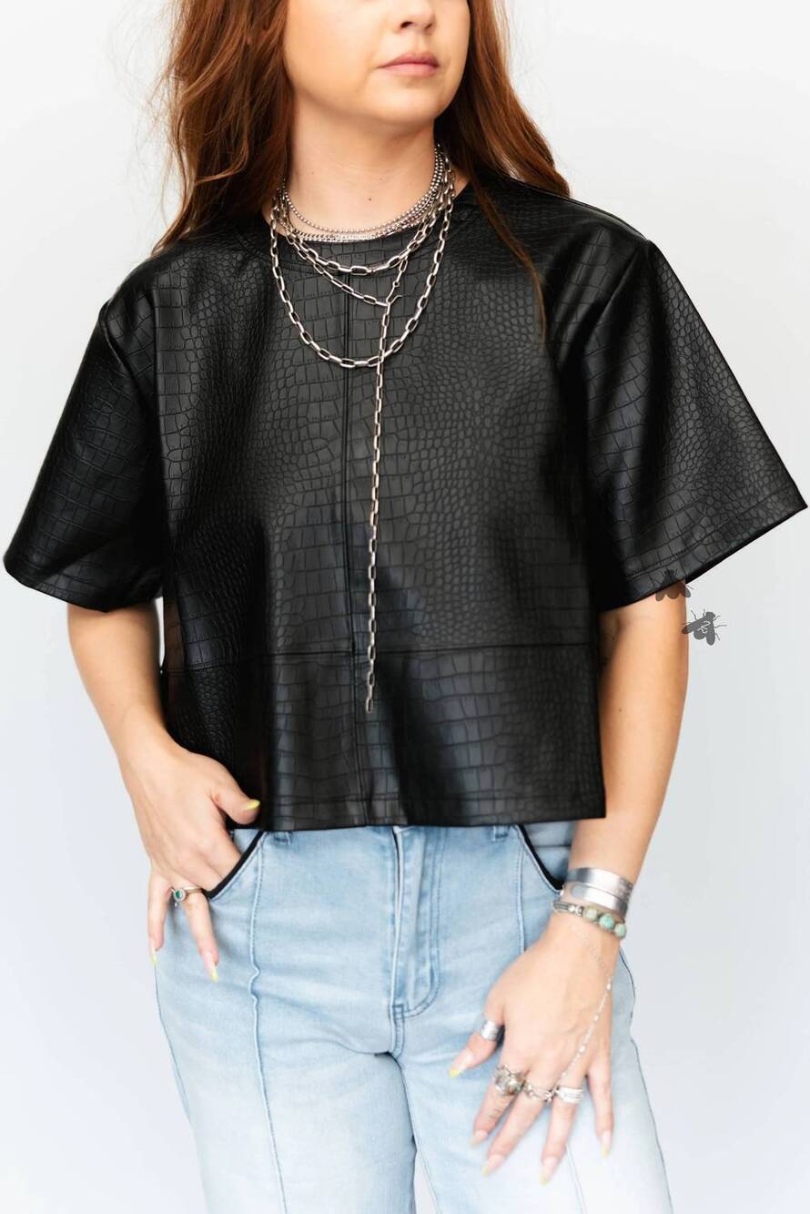 NEW 2FLYCO croc wrangler faux-leather short-sleeve top in black